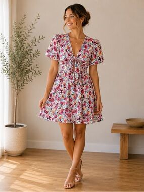 Floral Tie-Front Summer Dress - Pink Multi